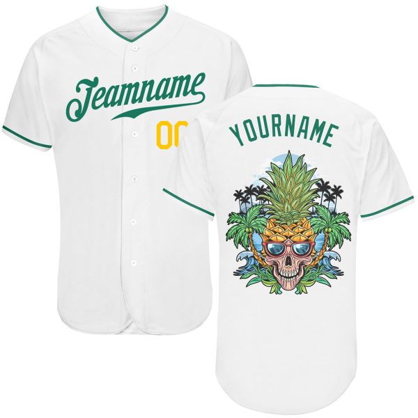 Custom Black Jersey, Personalized Black Baseball Jersey, Custom White Kelly Green-Gold Authentic Skull Pineapple Head Baseball Jersey Jezsport.com