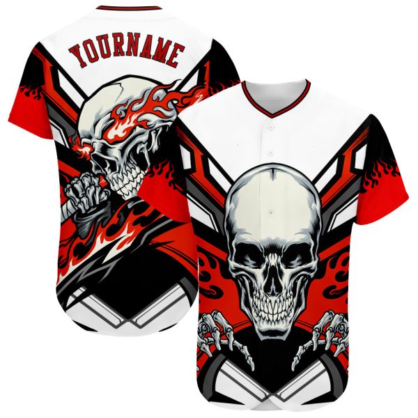 Custom Black Jersey, Personalized Black Baseball Jersey, Custom Baseball Jersey, Custom White Red-Black Skull Authentic Baseball Jersey Jezsport.com