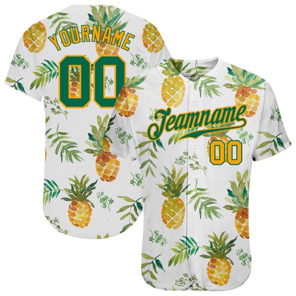 Custom Black Jersey, Personalized Black Baseball Jersey, Custom White Kelly Green-Gold Pattern Design Pineapples Authentic Baseball Jersey Jezsport.com