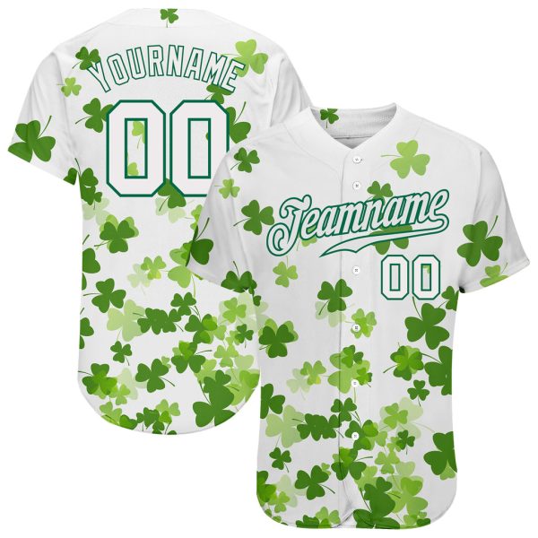 Custom Black Jersey, Personalized Black Baseball Jersey, Custom White White-Kelly Green Pattern Authentic St. Patrick's Day Baseball Jersey Jezsport.com