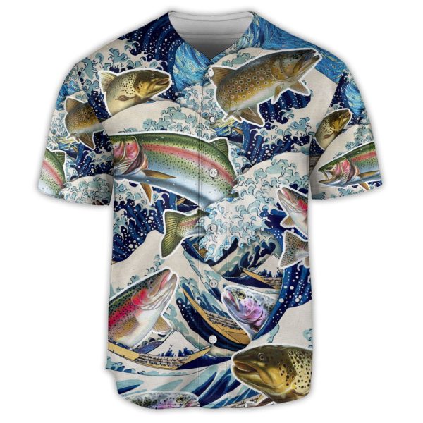 Fishing Trout Fishing Big Waves Baseball Jersey For Men and Women Jezsport.com