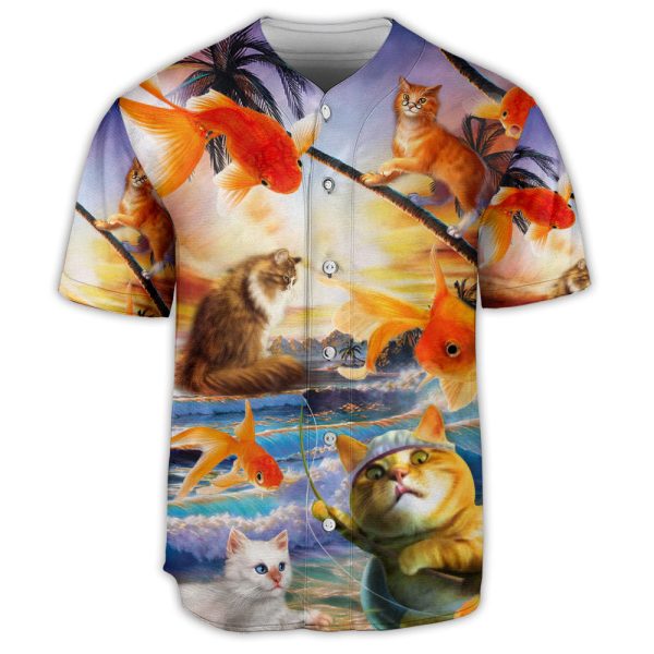 Fishing Fish And Cat On The Beach Baseball Jersey For Men and Women Jezsport.com