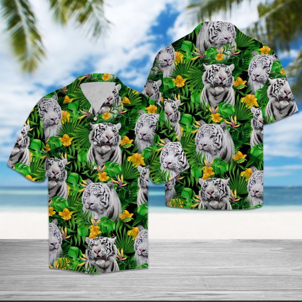 White Tiger Tropical Wild Flower Hawaii Shirt Summer Shirt For Men and Women Jezsport.com