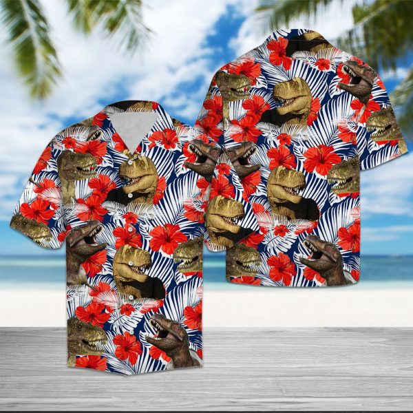 T-rex Hibiscus Flower Hawaii Shirt Summer Shirt For Men and Women Jezsport.com