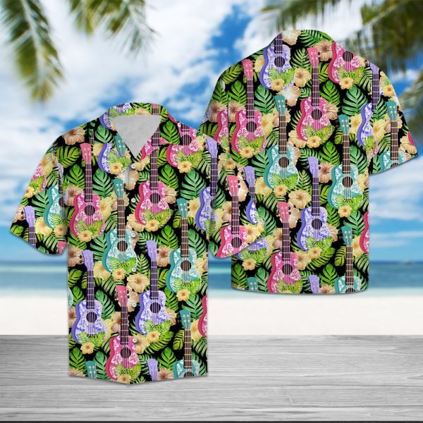 Ukulele Yellow Hibiscus Flower Hawaii Shirt Summer Shirt For Men and Women Jezsport.com