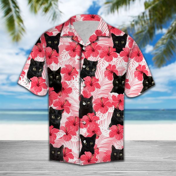 Tropical Flowers Hibiscus Black Cat Hawaii Shirt Summer Shirt For Men and Women Jezsport.com