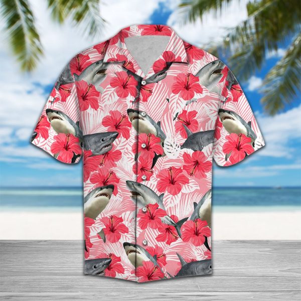 Tropical Flowers Hibiscus Shark Hawaii Shirt Summer Shirt For Men and Women Jezsport.com