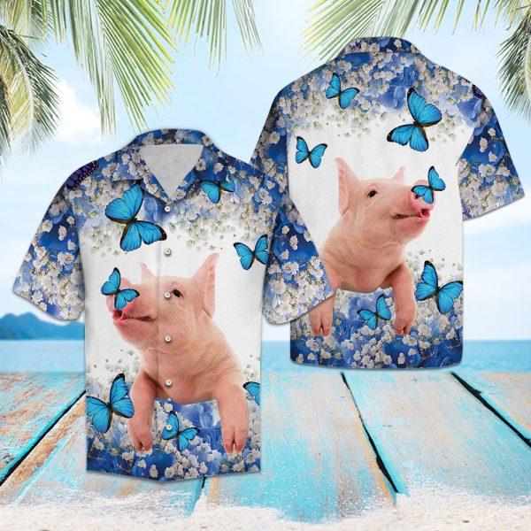 Pig Blue and White Flower Hawaiian Shirt, Summer Shirt For Men and Women Jezsport.com