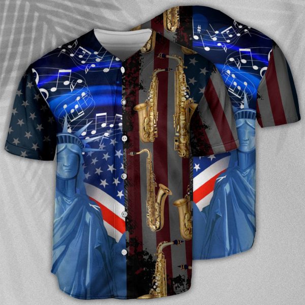 Saxophone Music USA Flag Independence Day Baseball Jersey For Men and Women Jezsport.com