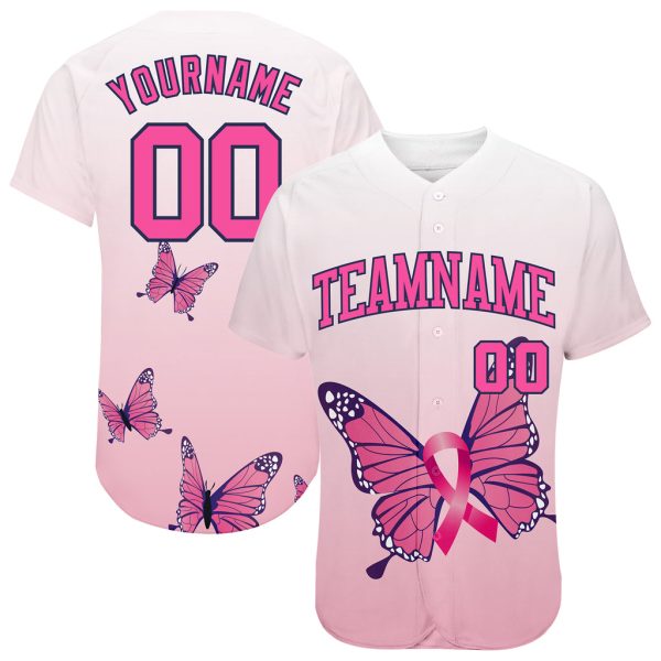 Custom Black Jersey, Custom 3D Pink Ribbon Breast Cancer Awareness Month With Butterflies Women Health Care Support Authentic Baseball Jersey Jezsport.com