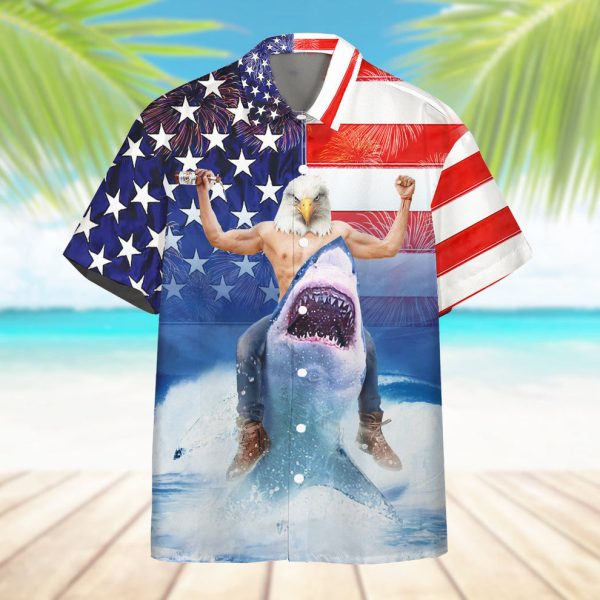 3D Shark Riding Eagle 4th Of July Hawaiian Shirt, Summer Shirt For Men and Women Jezsport.com