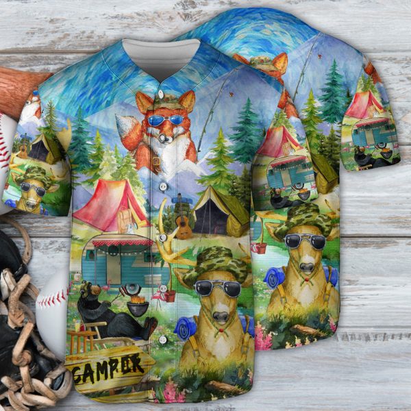 Camping Happy Animals Art Style Baseball Jersey For Men and Women Jezsport.com