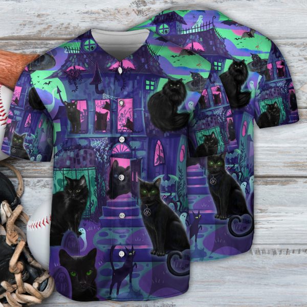 Black Cat In A Haunted House Baseball Jersey For Men and Women Jezsport.com