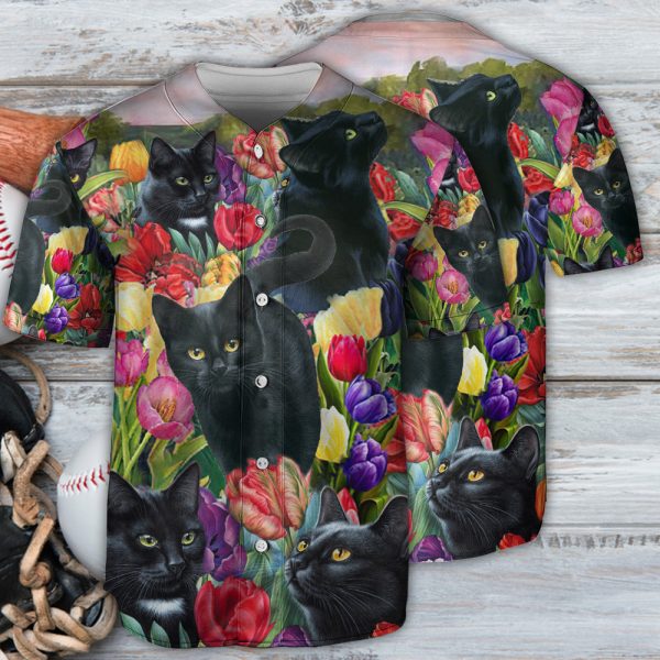 Black Cat Love Flowers Colorfull Baseball Jersey For Men and Women Jezsport.com