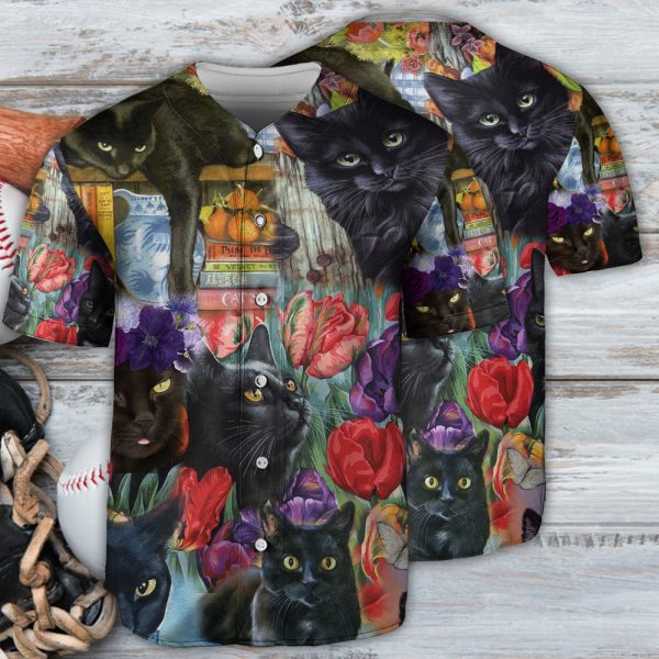 Black Cat Art With Flowers Baseball Jersey For Men and Women Jezsport.com