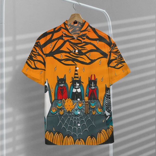 3D Happy Halloween Tea and Coffee Party Black Cats Hawaii Shirt, Summer Shirt For Men and Women Jezsport.com