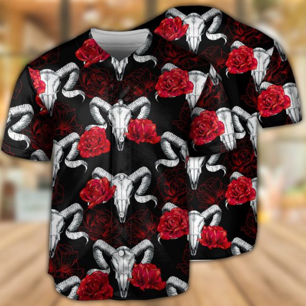 Skull Ram Rose Baseball Jersey For Men and Women Jezsport.com