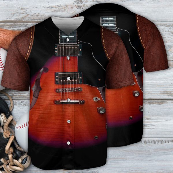 Guitar Red Leather Style Vintage Vibe Baseball Jersey For Men and Women Jezsport.com