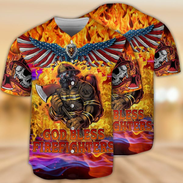 Firefighter God Bless Firefighter Skull Baseball Jersey For Men and Women Jezsport.com