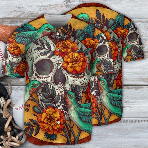 Skull Floral Skull Hummingbird Baseball Jersey For Men and Women Jezsport.com