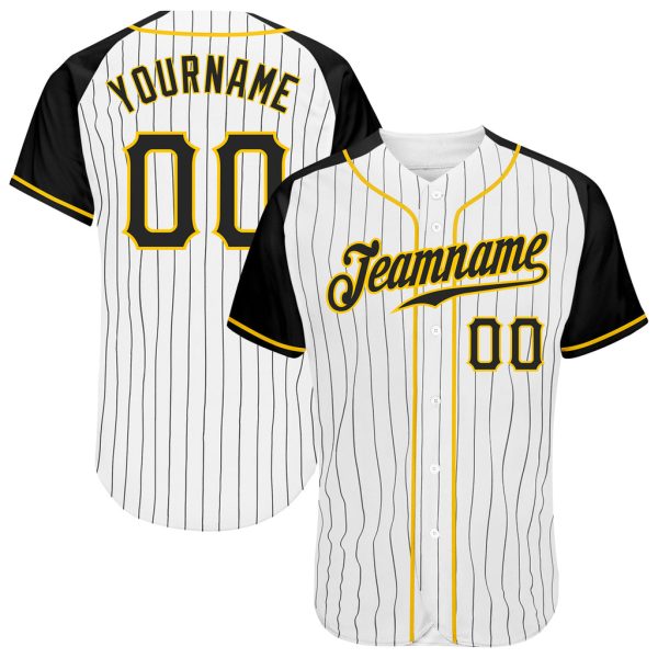 Custom Black Jersey, Personalized Black Baseball Jersey, Custom White Black Pinstripe Black-Gold Authentic Raglan Sleeves Baseball Jersey Jezsport.com