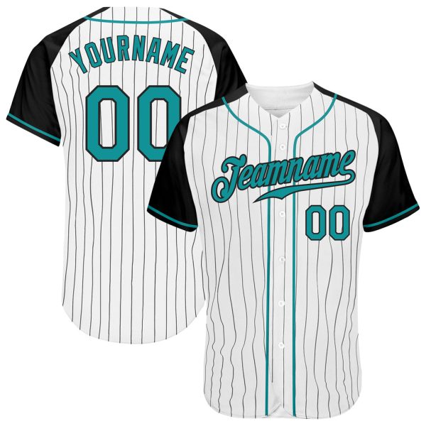 Custom Black Jersey, Personalized Black Baseball Jersey, Custom White Black Pinstripe Teal-Black Authentic Raglan Sleeves Baseball Jersey Jezsport.com