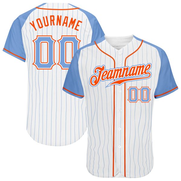 Custom Black Jersey, Personalized Black Baseball Jersey, Custom White Light Blue Pinstripe Light Blue-Orange Authentic Raglan Sleeves Baseball Jersey Jezsport.com