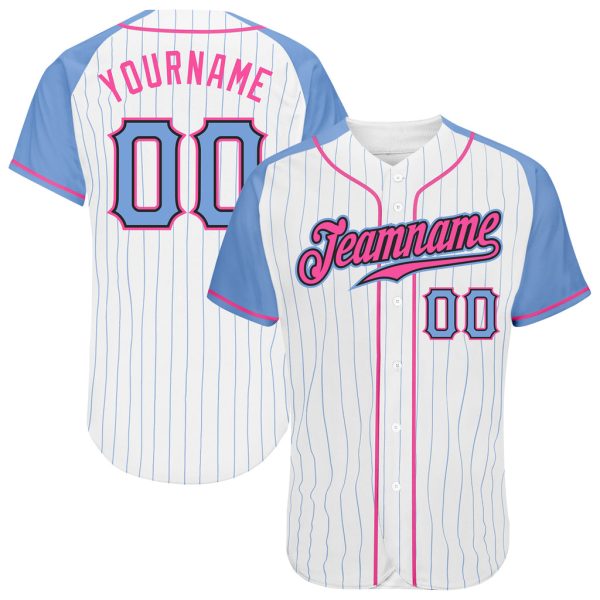 Custom Black Jersey, Personalized Black Baseball Jersey, Custom White Light Blue Pinstripe Light Blue-Pink Authentic Raglan Sleeves Baseball Jersey Jezsport.com