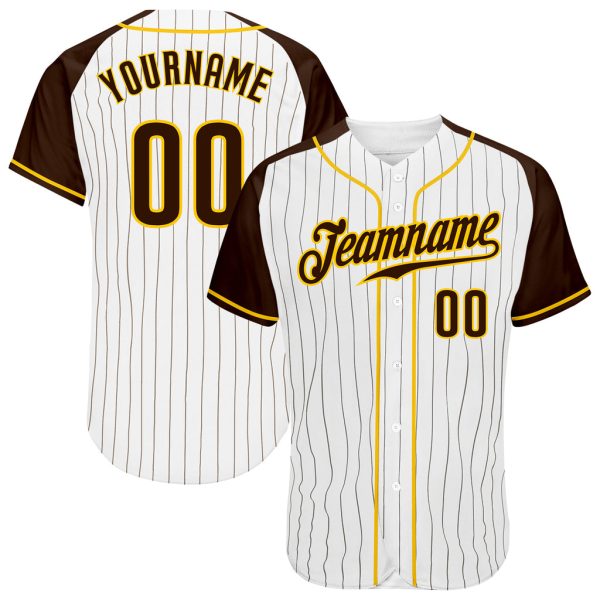 Custom Black Jersey, Personalized Black Baseball Jersey, Custom White Brown Pinstripe Brown-Gold Authentic Raglan Sleeves Baseball Jersey Jezsport.com