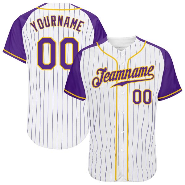 Custom Black Jersey, Personalized Black Baseball Jersey, Custom White Purple Pinstripe Purple-Gold Authentic Raglan Sleeves Baseball Jersey Jezsport.com