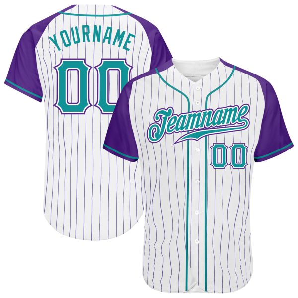 Custom Black Jersey, Personalized Black Baseball Jersey, Custom White Purple Pinstripe Teal-Purple Authentic Raglan Sleeves Baseball Jersey Jezsport.com