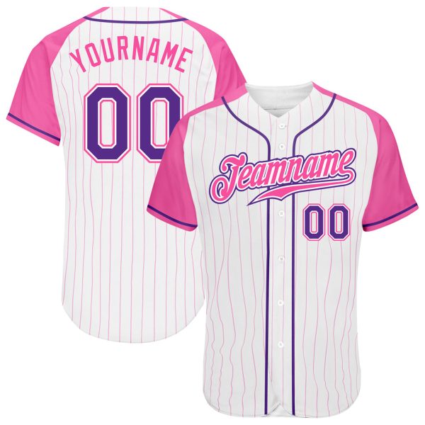 Custom Black Jersey, Personalized Black Baseball Jersey, Custom White Pink Pinstripe Purple-Pink Authentic Raglan Sleeves Baseball Jersey Jezsport.com