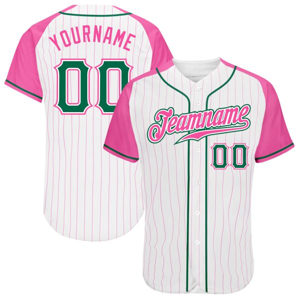 Custom Black Jersey, Personalized Black Baseball Jersey, Custom White Pink Pinstripe Kelly Green-Pink Authentic Raglan Sleeves Baseball Jersey Jezsport.com