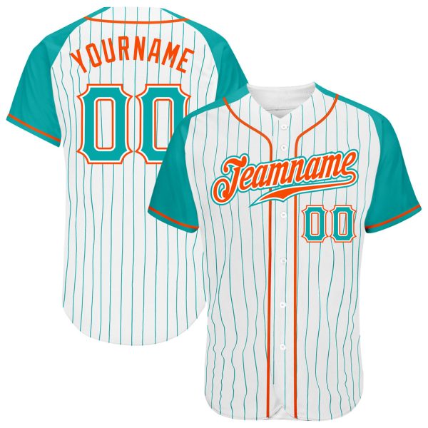 Custom Black Jersey, Personalized Black Baseball Jersey, Custom White Aqua Pinstripe Aqua-Orange Authentic Raglan Sleeves Baseball Jersey Jezsport.com