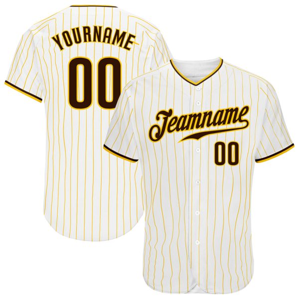 Custom Black Jersey, Personalized Black Baseball Jersey, Custom Baseball Jersey, Custom White Gold Pinstripe Brown-Gold Authentic Baseball Jersey Jezsport.com