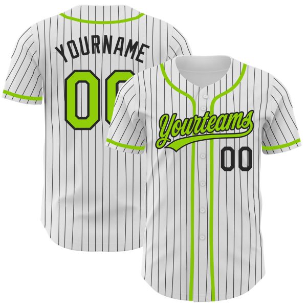 Custom Black Jersey, Personalized Black Baseball Jersey, Custom White Black Pinstripe Neon Green Authentic Baseball Jersey Jezsport.com