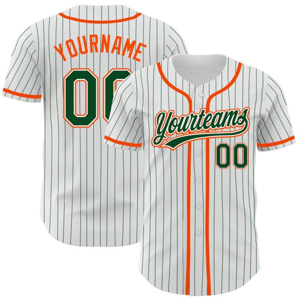 Custom Black Jersey, Personalized Black Baseball Jersey, Custom White Green Pinstripe Green-Orange Authentic Baseball Jersey Jezsport.com