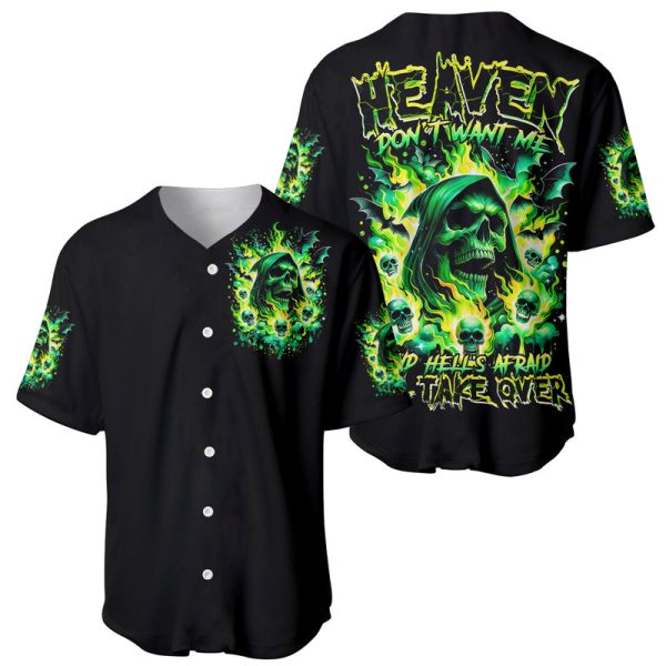 Flame Skull Baseball Jersey Heaven Don't Want Me Hell Afraid I Take Over For Men and Women Jezsport.com