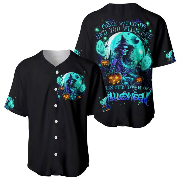 Witch Skull Baseball Jersey Come With Us And You Will See Our Halloween For Men and Women Jezsport.com