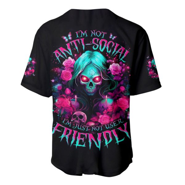 Rose Skull Baseball Jersey I'm Not Anti-Social I'm Just Not User Friendly Jezsport.com