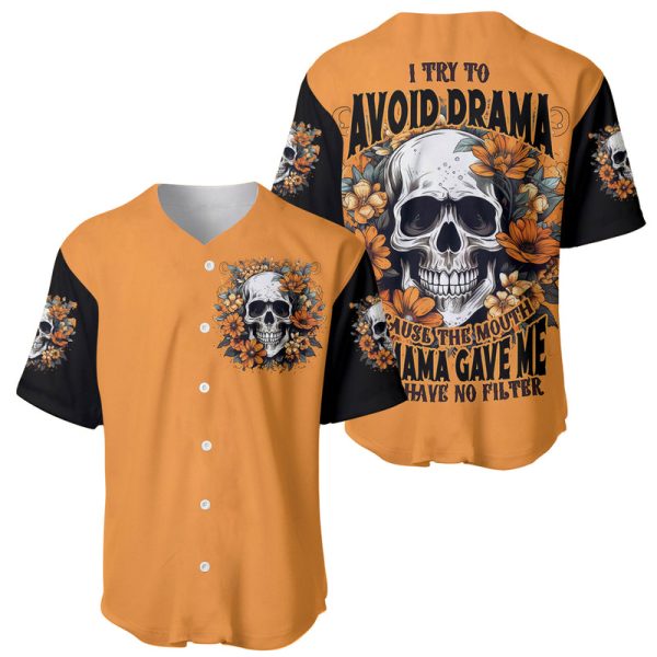 Flower Skull Baseball Jersey I Try To Avoid Drama For Men and Women Jezsport.com