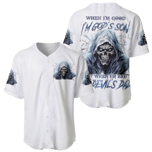 Death Skull Baseball Jersey When I'm Good I God's Son But When I'm Bad I'm Devil's Dad For Men and Women Jezsport.com