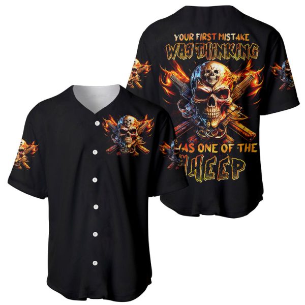 Fire Gun Skull Baseball Jersey Your First Mistake Was Thinking I Was One Of The Sheep For Men and Women Jezsport.com