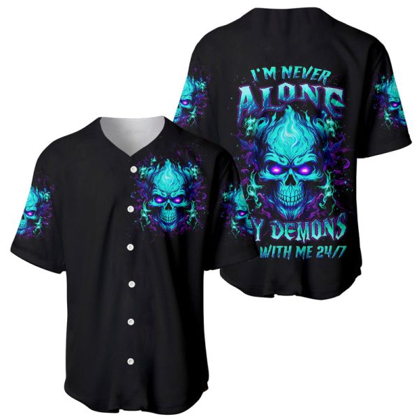 Flame Skull Baseball Jersey I'm Never Alone My Demons With Me 24/7 For Men and Women Jezsport.com