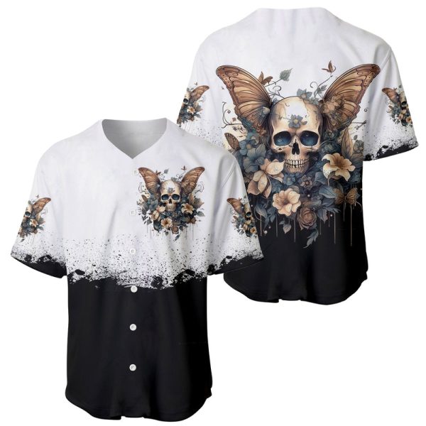 Butterfly Skull Baseball Jersey Flower Butterfly Gothic Skull For Men and Women Jezsport.com