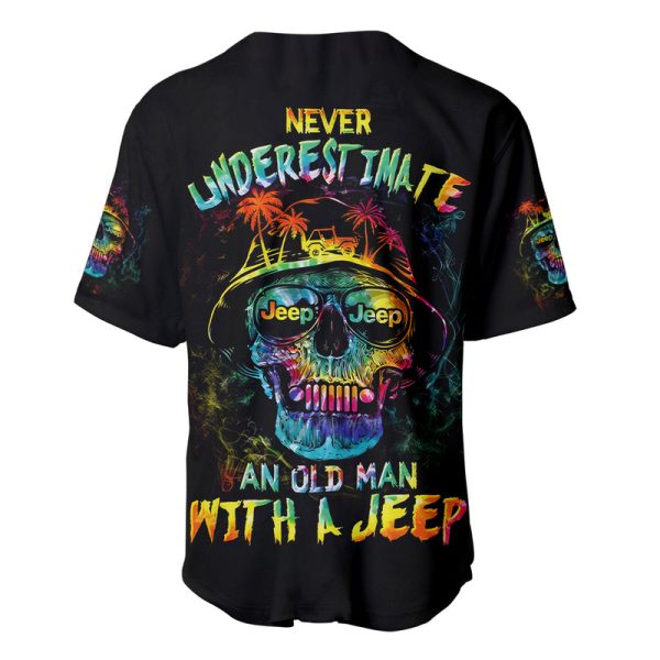 Skull Jeep Baseball Jersey Never Underestimate An Old Man With A Jeep Jezsport.com