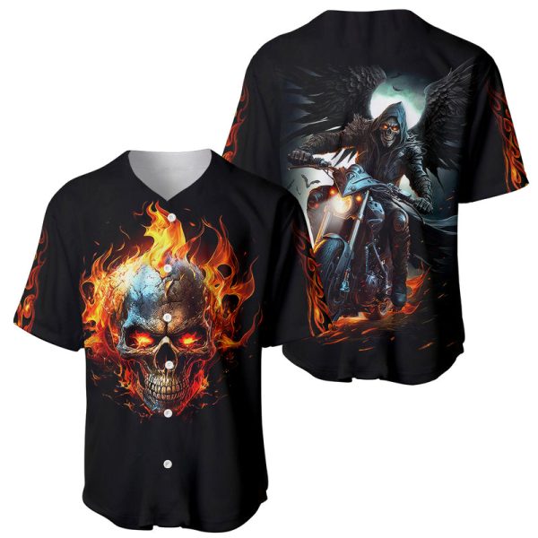 Flaming Skull Baseball Jersey Celestial Riders with Angel Wings For Men and Women Jezsport.com