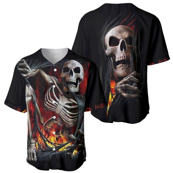 Skull Baseball Jersey Skeleton Ripped Inside Flame For Men and Women Jezsport.com