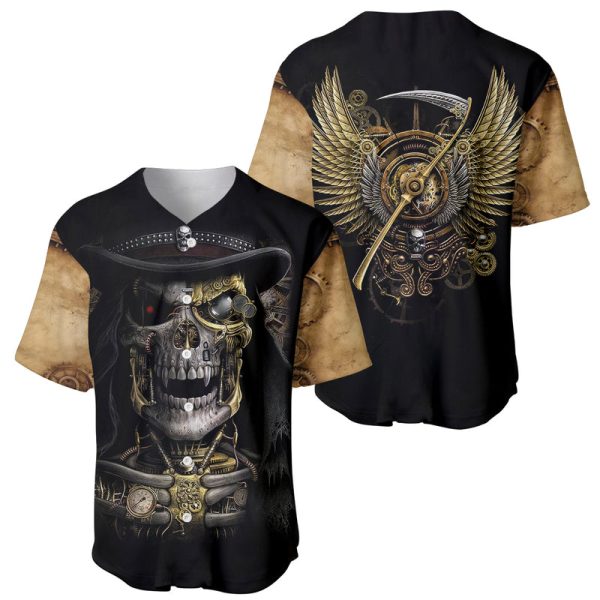 Skull Baseball Jersey Golden Skull Steampunk For Men and Women Jezsport.com