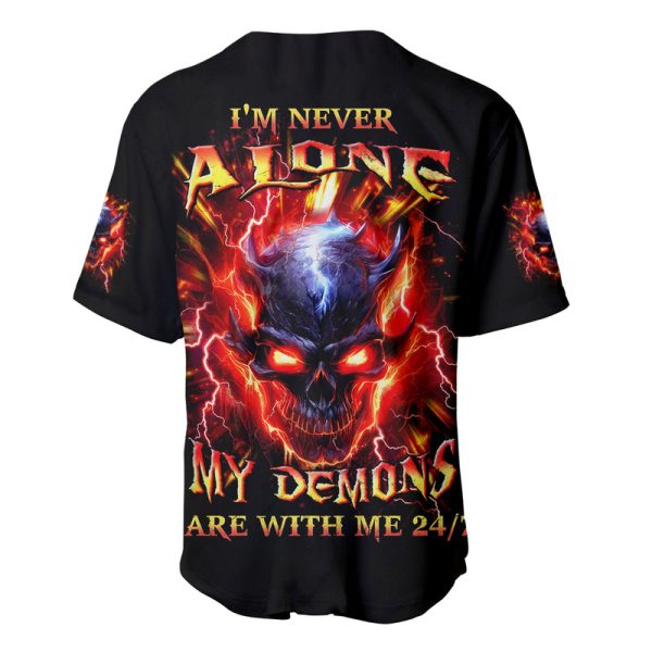 Flame Skull Baseball Jersey I'm Never Alone My Demons Are With Me 24/7 Jezsport.com